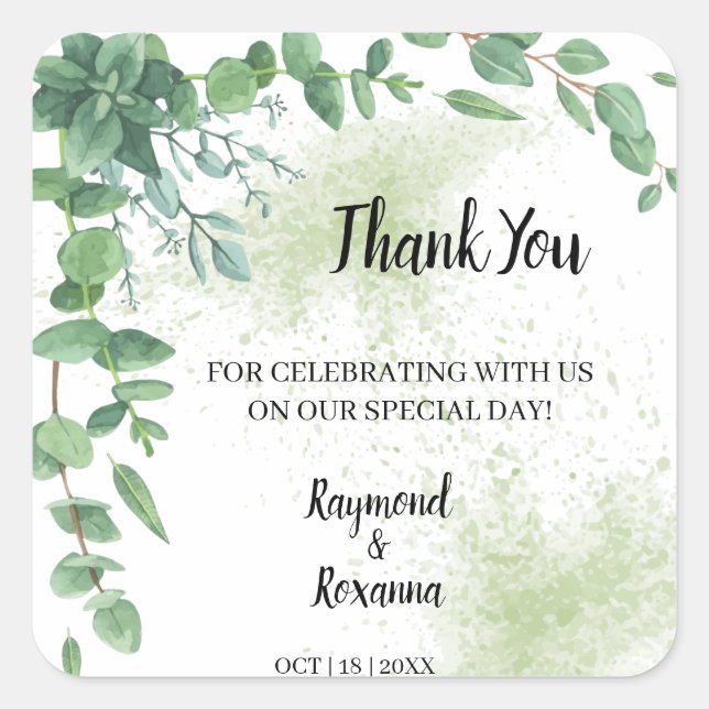 Sticker Carré Merci pour le mariage prochain Eucalyptus Favor (Devant)