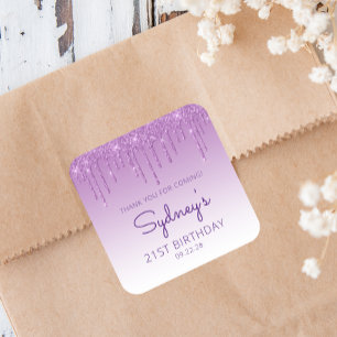 Sticker Carré Merci pour votre 21e anniversaire Purple Glitter D