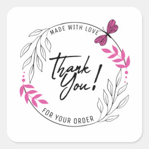 Sticker Carré Merci pour votre commande avec papillon rose