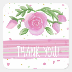 Sticker Carré Merci rose Aquarelle Roses Floral