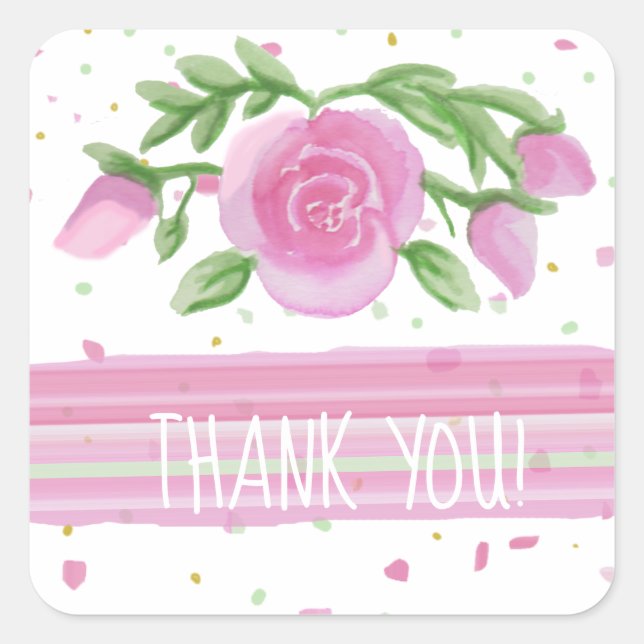 Sticker Carré Merci rose Aquarelle Roses Floral (Devant)