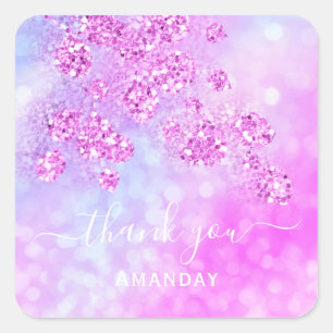Sticker Carré Merci rose Holographique Bleu Floral 16e