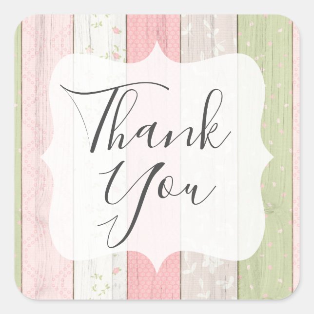 Sticker Carré Merci rose rose florale Sage vert Chic Shabby (Devant)