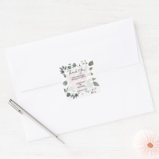 Sticker Carré Merci rustique fleurs aquarelle mariage (Enveloppe)
