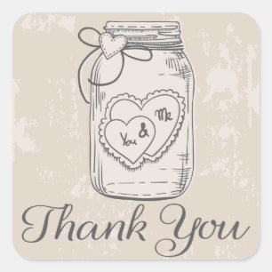 Sticker Carré Merci rustique Mason Coeurs Jar Tan Mariage