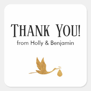 Sticker Carré Merci simple Faux Gold Stork ! Baby shower