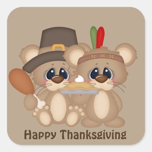 Sticker Carré Merci Thanksgiving souris pèlergrim Indien (Devant)