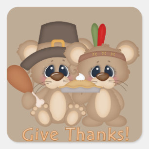 Sticker Carré Merci Thanksgiving souris pèlergrim Indien