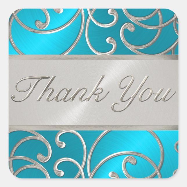 Sticker Carré Merci Turquoise Blue Silver Filigree Swirls (Devant)