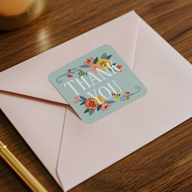 Sticker Carré Merci | Vibrant Fleurs sauvages floraux et abeille (Thank You | Vibrant Floral Wildflowers & Honey Bee Square Sticker)