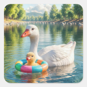Sticker Carré Mère Canard Blanc Avec Canard