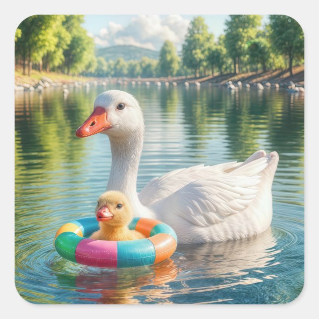 Sticker Carré Mère Canard Blanc Avec Canard (Devant)