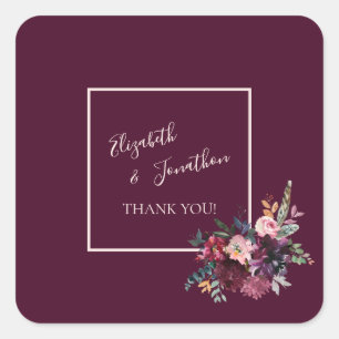 Sticker Carré Merlot Bourgogne Mariage Floral Merci