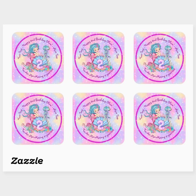 Sticker Carré Mermaid 2e anniversaire Modifier Modifier le texte (Feuille)
