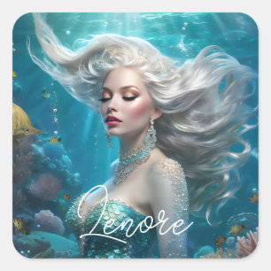 Sticker Carré Mermaid cheveux en argent Turquoise Océan