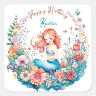 Sticker Carré Mermaid Fête d'anniversaire à thème Floral Girl
