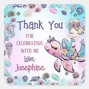 Sticker Carré Mermaid Under the Sea Girl Anniversaire Merci Cade