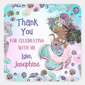 Sticker Carré Mermaid Under the Sea Girl Anniversaire Merci Cade