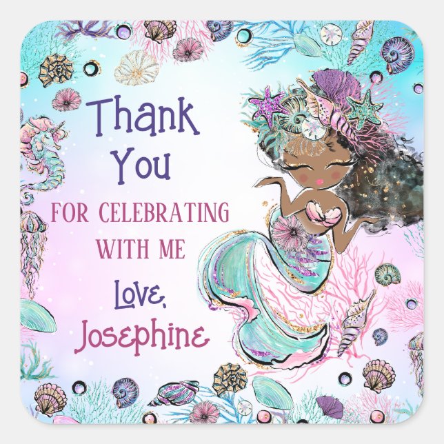 Sticker Carré Mermaid Under the Sea Girl Anniversaire Merci Cade (Devant)