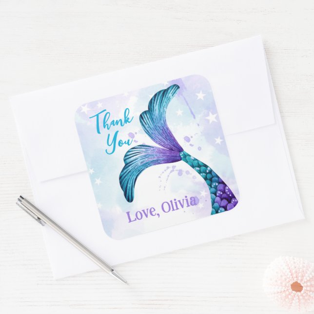 Sticker Carré Mermaids Tail Merci fête d'anniversaire (Enveloppe)