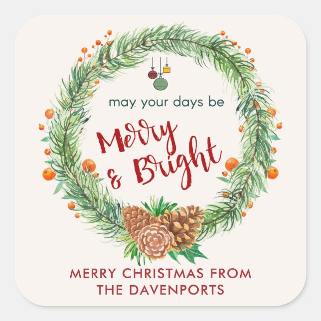 Sticker Carré Merry & Bright Christmas Wreath (Devant)