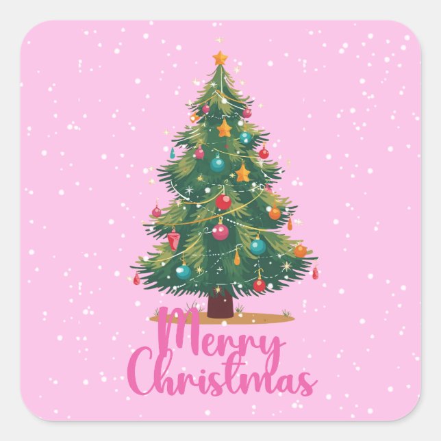 Sticker Carré Merry Christmas, Christmas Tree, Holiday, Pink (Devant)