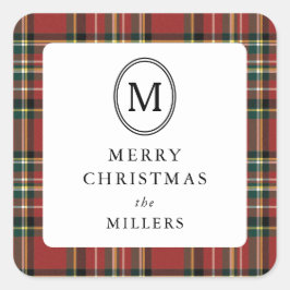 Sticker Carré Merry Christmas Classic Red Plaid Monogram