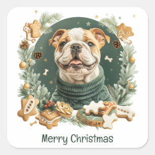 Sticker Carré Merry Christmas English Bulldog