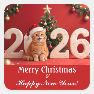 Sticker Carré Merry Christmas & Happy New Year, Red Santa Cat