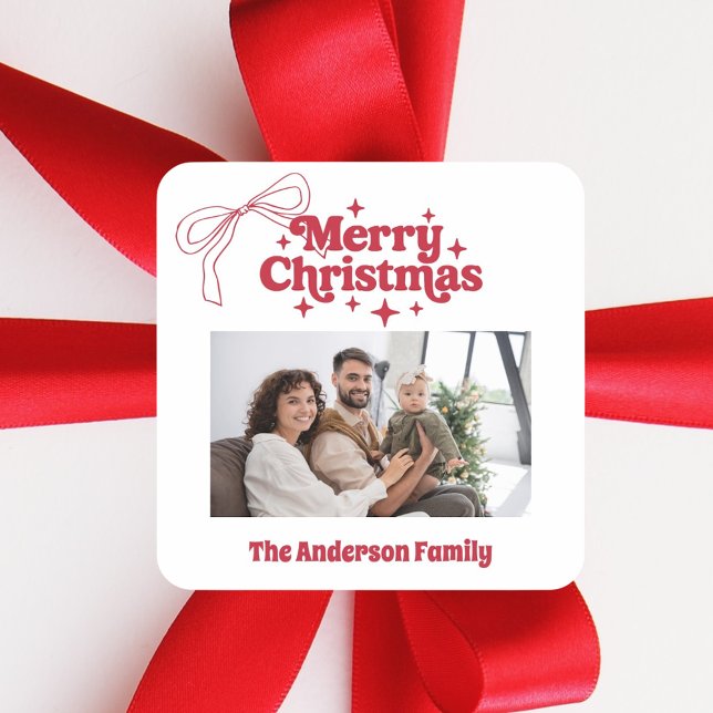 Sticker Carré Merry Christmas red hand-drawn bow retro photo (Créateur téléchargé)