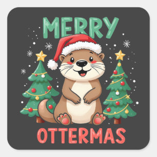 Sticker Carré Merry Ottermas Funny Otter Animal Amateurs de Noël