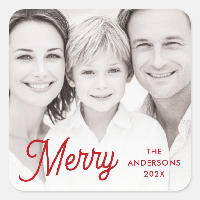 Sticker Carré Merry red festive retro font name year photo (Devant)