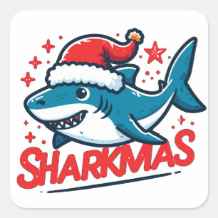 Sticker Carré Merry Sharkmas, Christmas Shark, Funny Shark Xmas