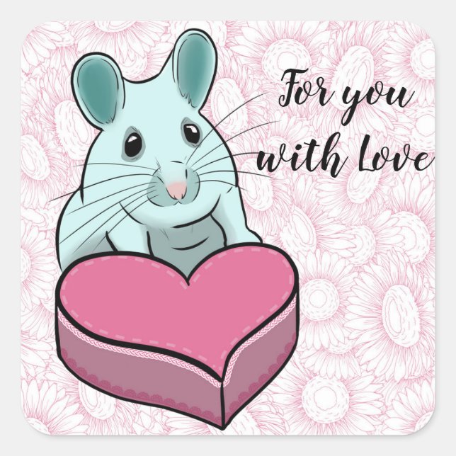 Sticker Carré Message d'amour souris mignonne avec chocolat (Devant)