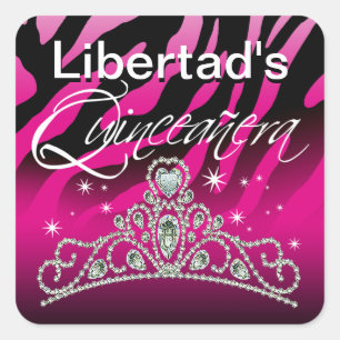 Sticker Carré Mi Quinceañera Sparkling Tiara Zebra