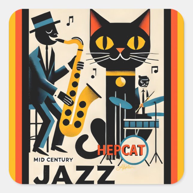 Sticker Carré Mi siècle Jazz Age HepCat Chat Noir (Devant)