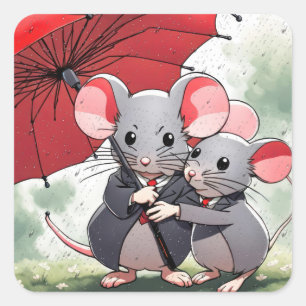 Sticker Carré Mice sous un parapluie rouge
