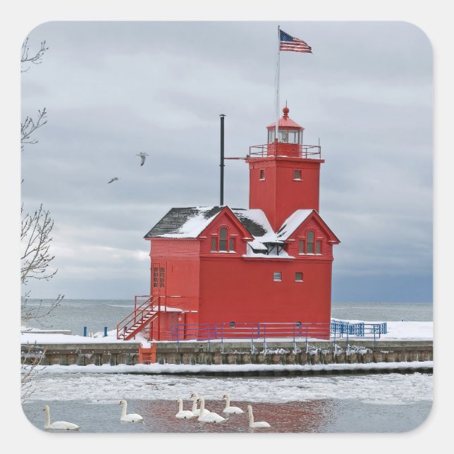 Sticker Carré Michigan Big Red Lighthouse Swans d'hiver (Devant)