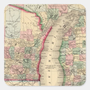 Sticker Carré Michigan, Wisconsin Carte par Mitchell