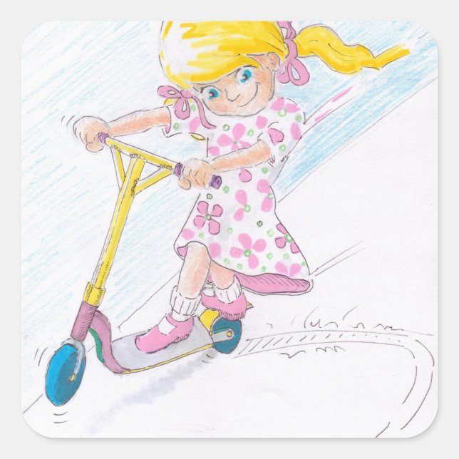 Sticker Carré Micro-scooter fille Cartoon mignonne Micro Scooter (Devant)