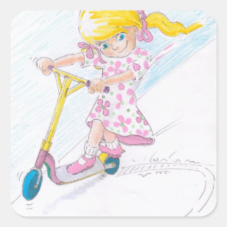 Sticker Carré Micro-scooter fille Cartoon mignonne Micro Scooter