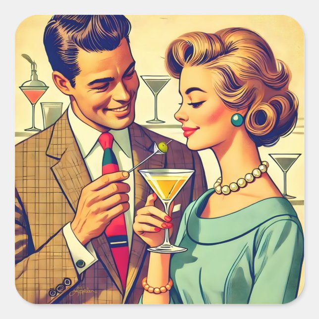 Sticker Carré Mid Century Cocktail Party Couples - Temptation (Devant)