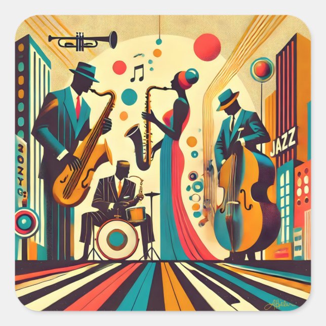 Sticker Carré Mid Century Jazz Age Quartet (Devant)