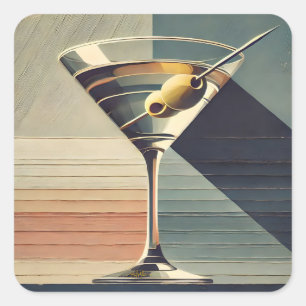 Sticker Carré Mid Century Moderne 2 Olive Martini Cocktail Heure