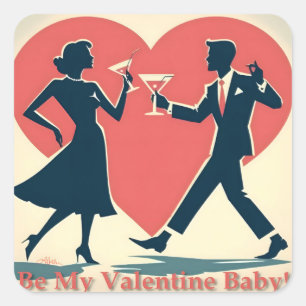 Sticker Carré Mid Century Valentine Hip Martini Dancing Couple