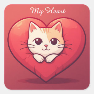 Sticker Carré Mignon Chat Blanc avec Design Kawaii Kitty Love