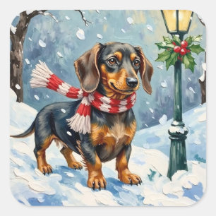 Sticker Carré Mignon chiot teckel écharpe d'hiver confortable ar