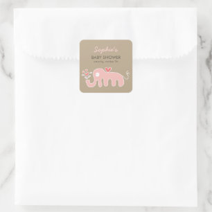 Sticker Carré Mignon Éléphant Rose Fantaisiste Fête de Naissance