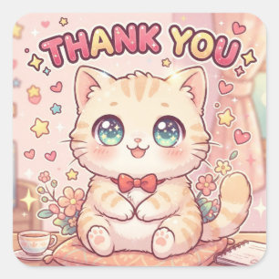 Sticker Carré Mignon Kawaii Anime Chibi Chat Merci
