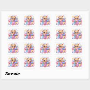 Sticker Carré Mignon Kawaii Bienvenue Bébé Ours en Peluche Rose 